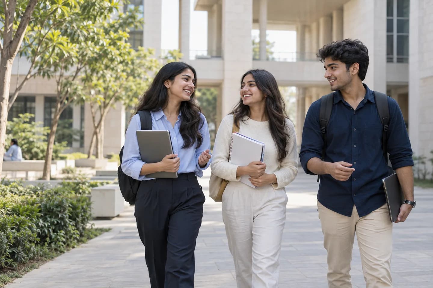 Three university graduates talking as they walk across a college campus